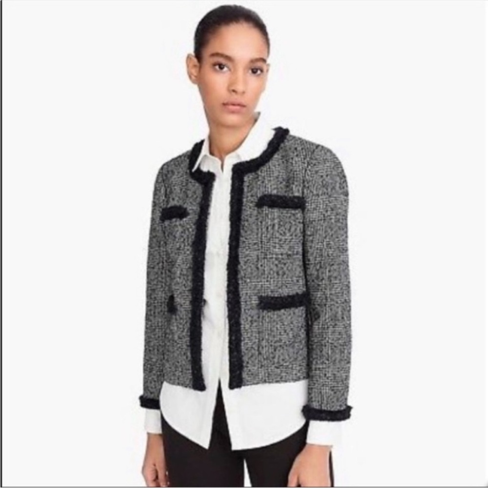 J.Crew Women's Glen Plaid Lady Braided Trim Tweed Jacket Black/White